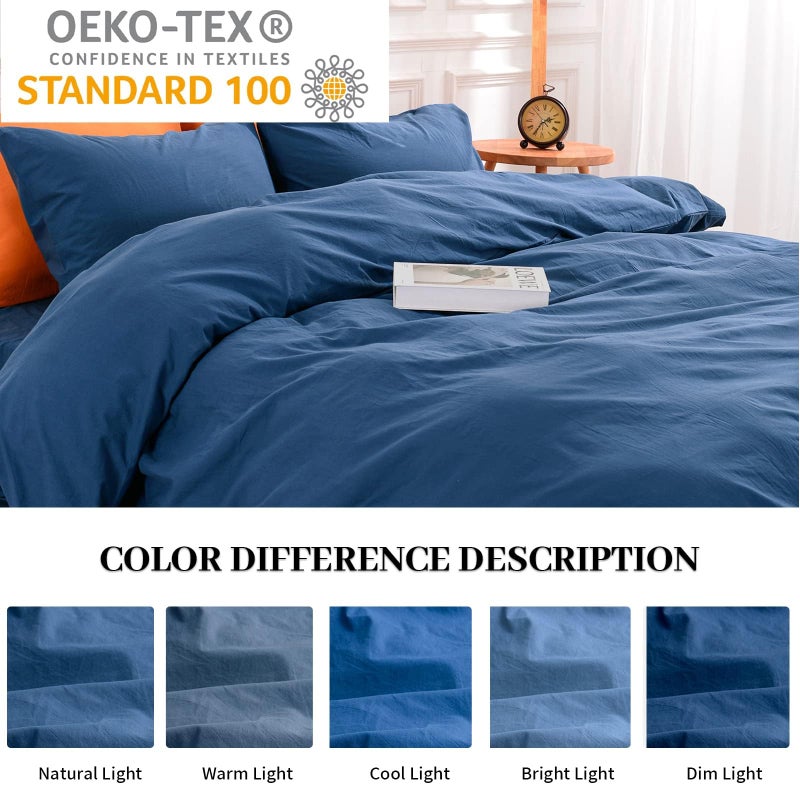NEXHOME PRO Duvet Cover Set 100% Washed Cotton Oversized King 120""x98"" Linen Feel Textured Organic 3 Pieces Bedding Set with Zipper Closure and Corner Ties  Breathable (Navy Blue  No Comforter) - Image 2